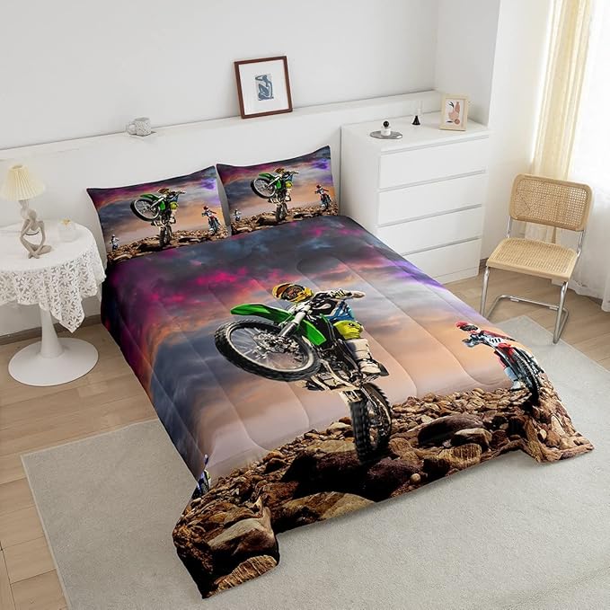 Dirt Bike Comforter Set for Boys Bedroom Motocross Rider Extreme Sports Duvet Insert Mountain Bike Bedding Quilted Set Kids Motorcycle Motorbike Down Comforter,Soft Lightweight for All Season,Queen