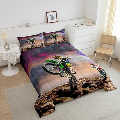 Dirt Bike Comforter Set for Boys Bedroom Motocross Rider Extreme Sports Duvet Insert Mountain Bike Bedding Quilted Set Kids Motorcycle Motorbike Down Comforter,Soft Lightweight for All Season,Twin XL