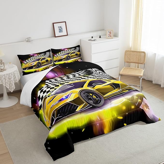 Feelyou Yellow Sports Car Comforter Sets Twin Size, Boys Race Car Bedding for Teens Girls Adult Extreme Speed Race Car Duvet Sets Black and White Grids Print Car Theme Bedroom Decor Quilts