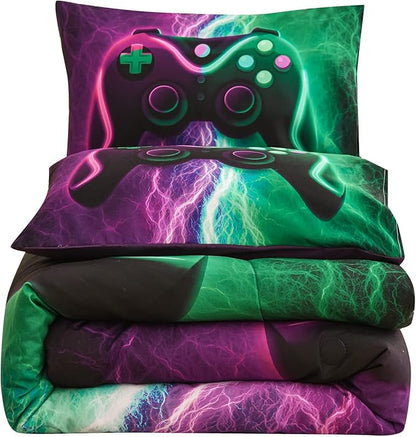 Meeting Story Gamer Gaming Bedding Sets Red Blue Lightnings Gamepad Comforter Set for Boys Games Console Action Buttons Novelty Colorful Modern Room Decor Home Quilt Set (Green-Purple, Full)
