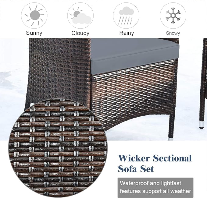 Goplus 4-Piece Rattan Patio Set, Outdoor/Indoor Wicker Conversation Set for Pool, Backyard, Lawn, Wicker Chairs and Sofa with Soft Cushion, Rattan Furniture with Tempered Glass Coffee Table
