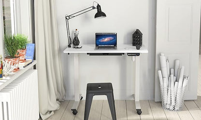 SHW Small Electric Height Adjustable Mobile Sit Stand Desk with Drawer, Hanging Hooks and Cable Management, 40 x 24 Inches, White
