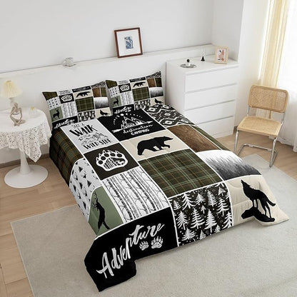 Camper Adventure Kids Comforter Set King Size,Deer Antlers Bear Paws Rustic Farmhouse Bedding Set for Boys Girls Adults Room Decor,Atzec Arrows Boho Down Comforter,Camo Duvet Insert,2 Pillowcases