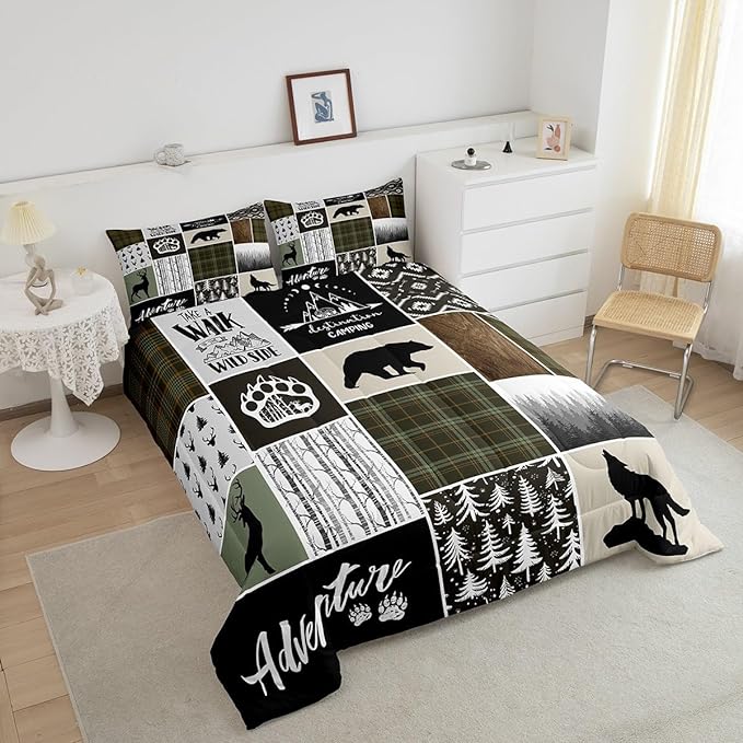 Camper Adventure Kids Comforter Set Full Size,Deer Antlers Bear Paws Rustic Farmhouse Bedding Set for Boys Girls Adults Room Decor,Atzec Arrows Boho Down Comforter,Camo Duvet Insert,2 Pillowcases