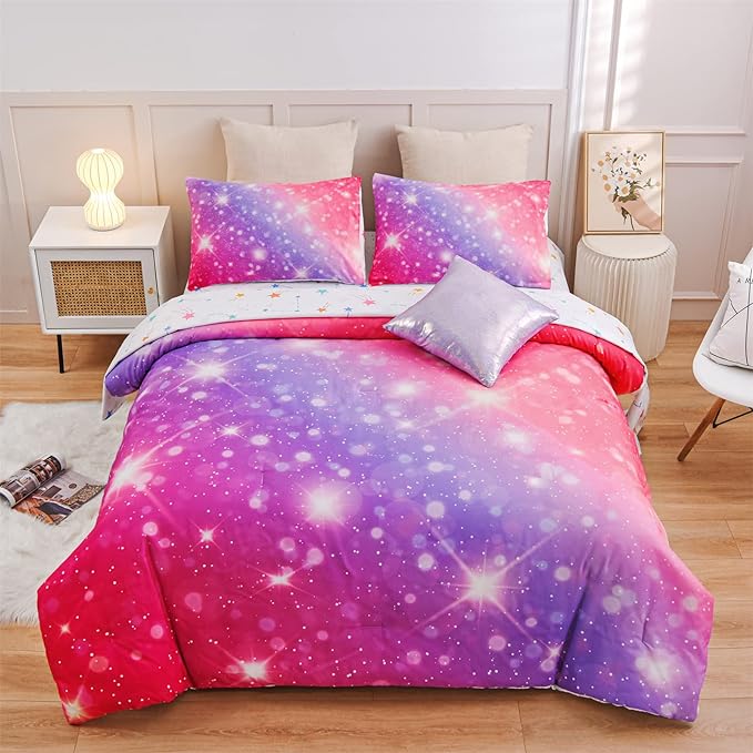 A Nice Night 6Pcs Gradient Glitter Bedding Set for Girls, Colorful Rainbow Galaxy Comforter Set, Ultra Soft Bedding Sets (Pink-Purple,Twin 6Pcs)
