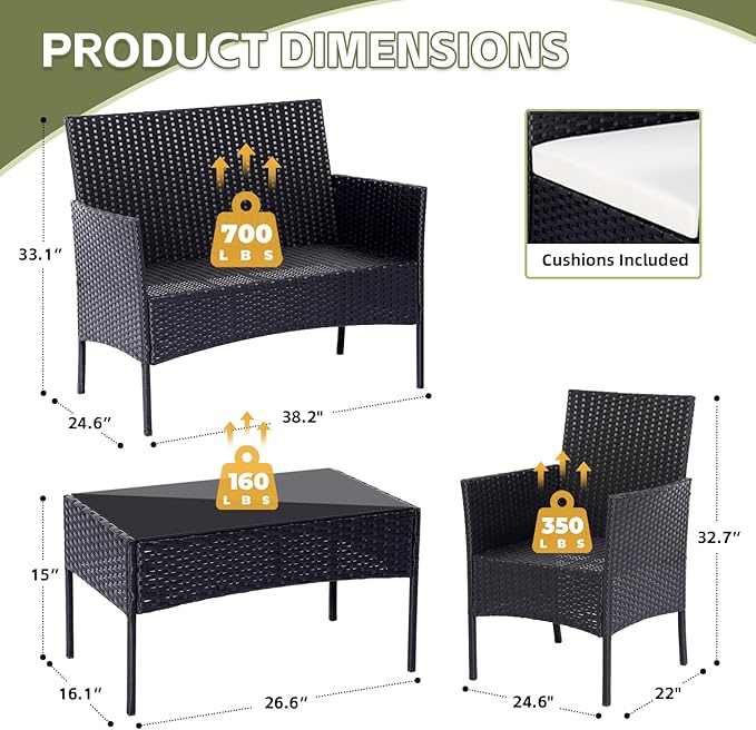 Patio Furniture Set 4 Pieces Conversation Sets Outdoor Wicker Rattan Chairs Garden Backyard Balcony Porch Poolside Loveseat with Soft Cushion and Tempered Glass Table(Black/Beige)