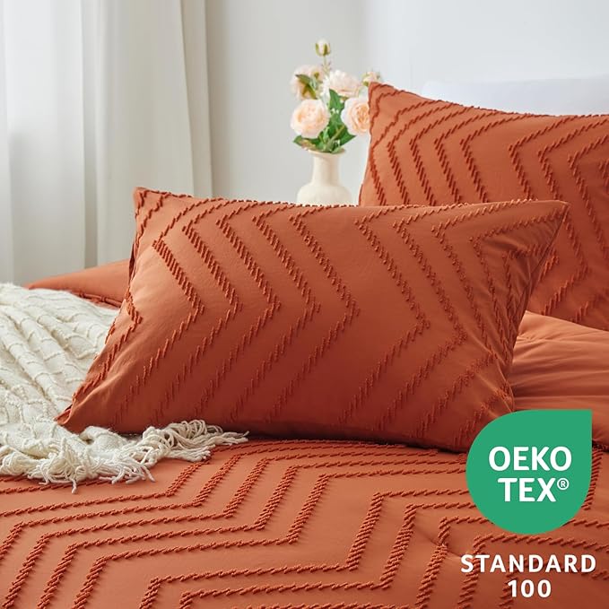 CozyLux King Size Comforter Set Burnt Orange - 3 Pieces Terracotta Boho Tufted Shabby Chic Bedding Comforter Set for All Seasons, Chevron Bedding Sets with Comforter & 2 Pillow Shams