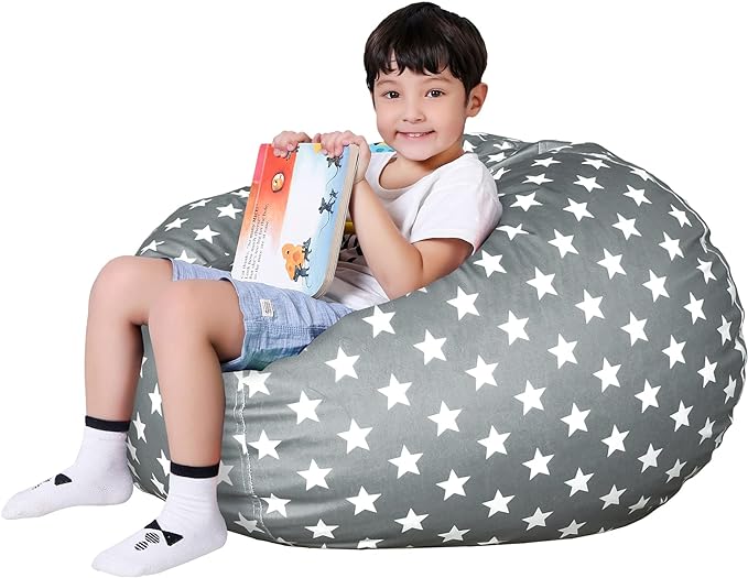 Lukeight Stuffed Animal Storage Bean Bag Chair Cover for Kids, Zipper Beanbag Chair Cover for Organizing Toddler & Kids' Rooms Plush Toys (Stars Gray Velvet, X-Large)