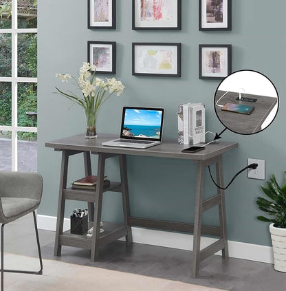 Convenience Concepts Designs2Go Trestle Desk with Charging Station and Shelves, Charcoal Gray