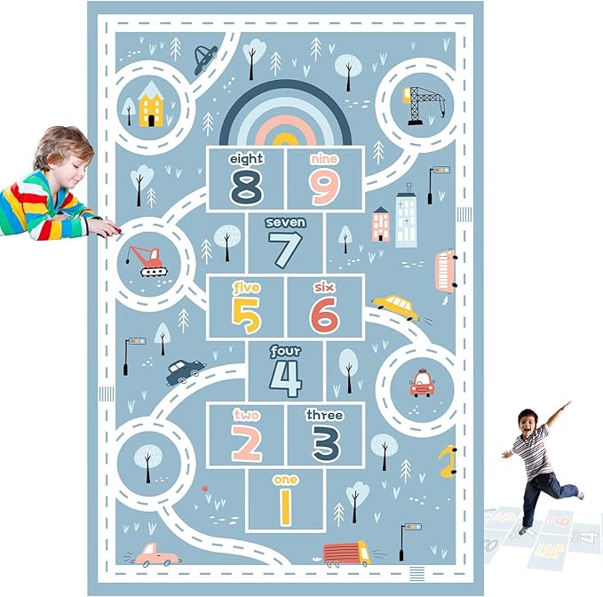 Kids Rug Play Mat, Car Rug, Hopscotch Rug, Hopscotch Mat for Kids, Can Be Used to Play with Cars Kids Carpet Play Mat,(Blue,200×300cm/79×118IN)