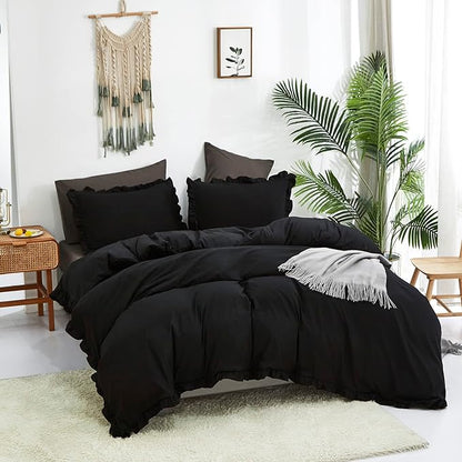 Black Ruffled Comforter Set Full Size Bedding Set Women Black Ruffles Blanket Men Black Ruffled Comforter Farmhouse Ruffle Fringe Design Girls 3 PCs Solid Black Ruffled Bedding Set