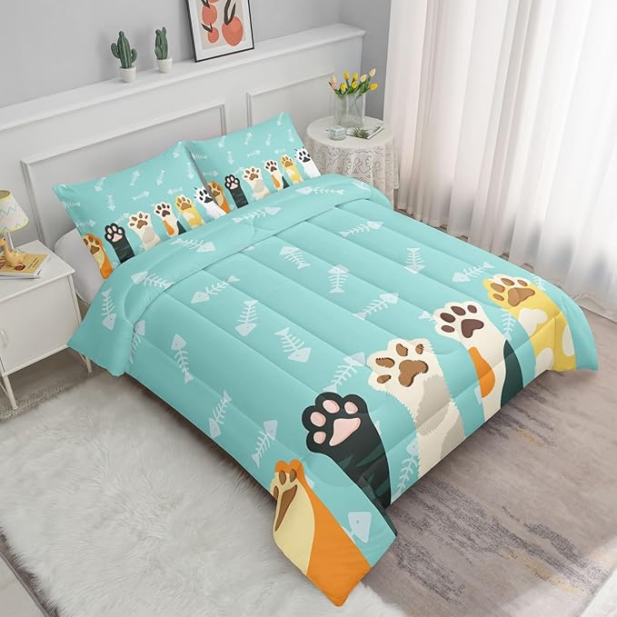 Datura home Cat Paws Comforter Bedding Set for Kids Teens,Cartoon Cat Paws and Fish Bones Pattern Lightweight Cyan Comforter with 2 Pillowcases,3pcs(Cat Paws Queen)