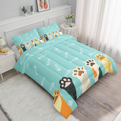 Datura home Cat Paws Comforter Bedding Set for Kids Teens,Cartoon Cat Paws and Fish Bones Pattern Lightweight Cyan Comforter with 2 Pillowcases,3pcs(Cat Paws Twin)