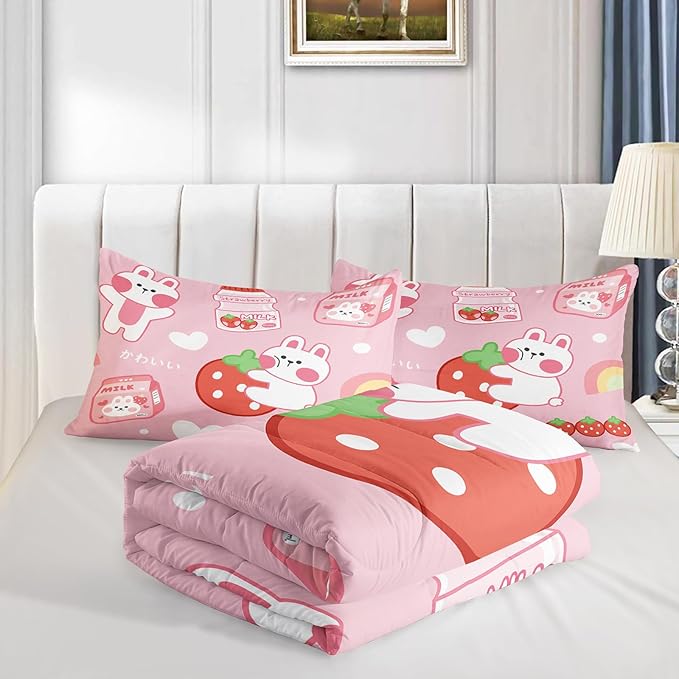 Strawberry Rabbit Comforter Set for Kids Teens Girls Women,Pink Bunny Kids Comforter,1 Comforter with 2 Pillowcase, Microfiber 3 Piece Bedding Set,for All Seasons(Pink，Queen Size)