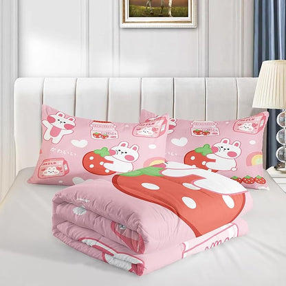 Strawberry Rabbit Comforter Set for Kids Teens Girls Women,Pink Bunny Kids Comforter,1 Comforter with 2 Pillowcase, Microfiber 3 Piece Bedding Set,for All Seasons(Pink，Queen Size)