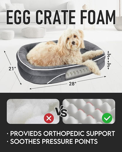 OhGeni Orthopedic Dog Bed Couch for Medium Sized Pets with Egg Foam Support, Four-Sided Bolster Cushions, Soft Tear-Resistant Fabric, and Removable Machine Washable Plush Cover 28-Inch (Gray)