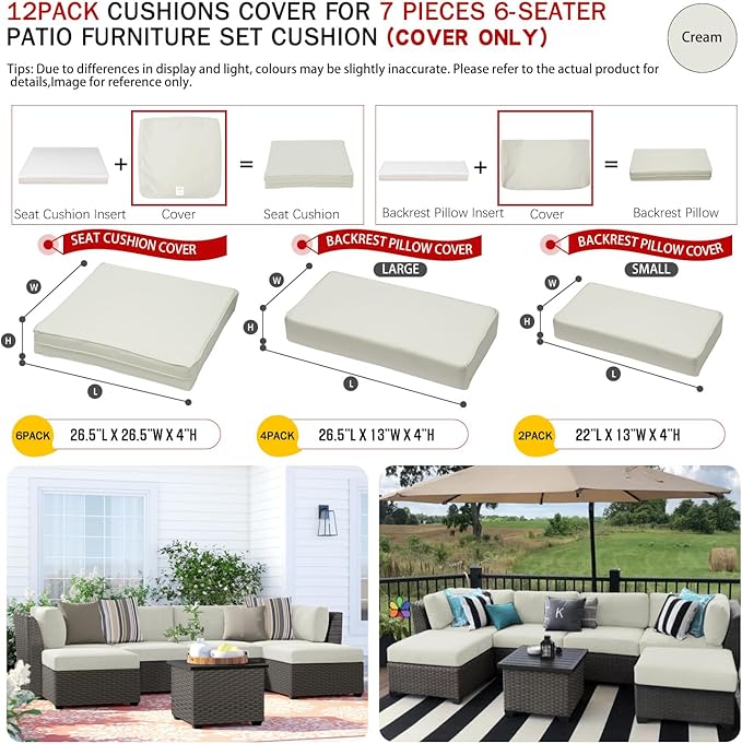 ClawsCover 12 Pack Outdoor Patio Seat and Back Cushions Replacement Covers Fit for 7Pieces 6-Seater Wicker Rattan Furniture Conversation Set Sectional Couch Chair,Cream-Include Cover Only