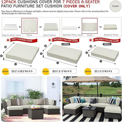 ClawsCover 12 Pack Outdoor Patio Seat and Back Cushions Replacement Covers Fit for 7Pieces 6-Seater Wicker Rattan Furniture Conversation Set Sectional Couch Chair,Cream-Include Cover Only