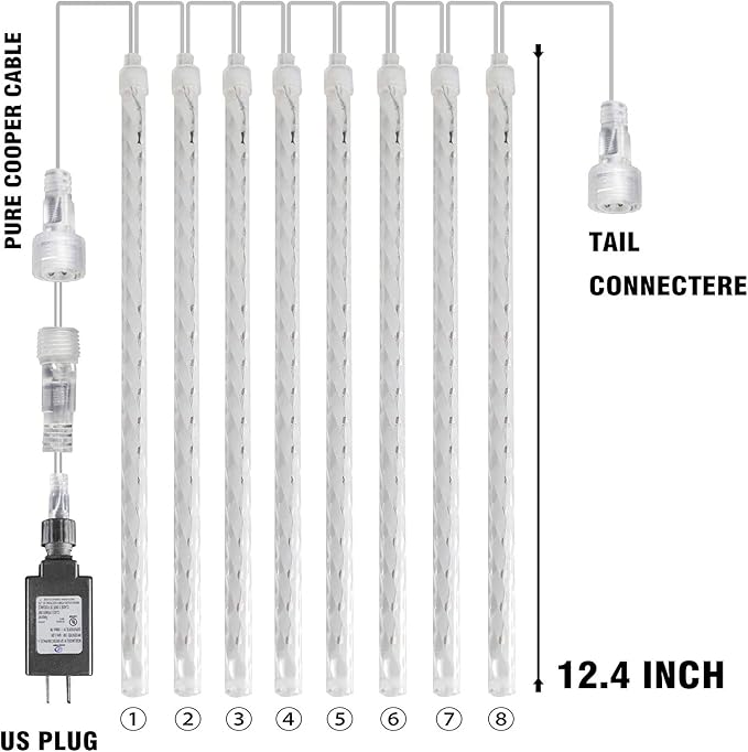 Dazzle Bright 4th of July Lights Decorations, 288LED Red Blue and White Meteor Shower Rain Lights 12Inch 8 Tubes, Waterproof Plug in Falling Rain Lights Independence Day for Outdoor Yard
