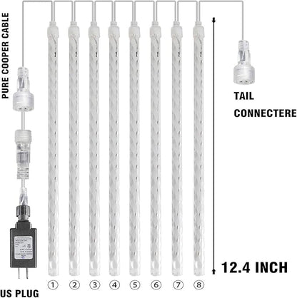 Dazzle Bright 4th of July Lights Decorations, 288LED Red Blue and White Meteor Shower Rain Lights 12Inch 8 Tubes, Waterproof Plug in Falling Rain Lights Independence Day for Outdoor Yard