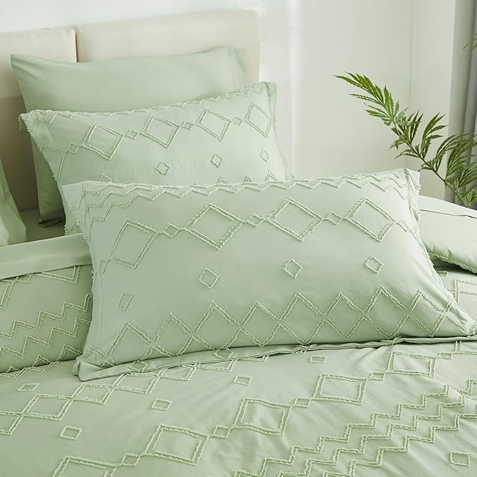 EMME Twin Comforter Set - 5 Pcs Sage Green Boho Bedding Sets, Tufted Comforter with Sheets, Shabby Chic Embroidery Twin Bed Set Fluffy Bed Bag for All Season(68"X90")