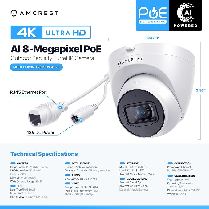 Amcrest UltraHD 4K (8MP) Outdoor Security IP Turret PoE Camera, 3840x2160, 98ft NightVision, 2.8mm Lens, IP67 Weatherproof, MicroSD Recording (256GB), White
