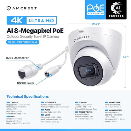 Amcrest UltraHD 4K (8MP) Outdoor Security IP Turret PoE Camera, 3840x2160, 98ft NightVision, 2.8mm Lens, IP67 Weatherproof, MicroSD Recording (256GB), White