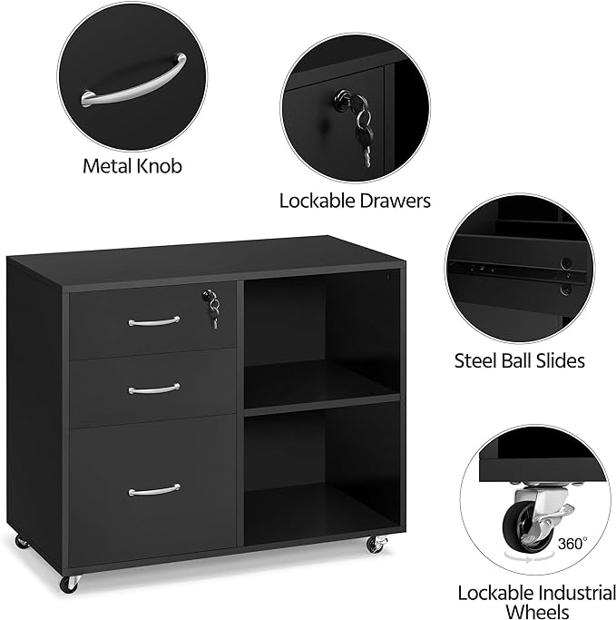 Yaheetech Black File Cabinet with Lock for Letter, A4 Size,3 Drawer Lateral Filing Cabinet Printer Stand with Open Storage Compartments,Mobile Filing Cabinet for Home Office, Black