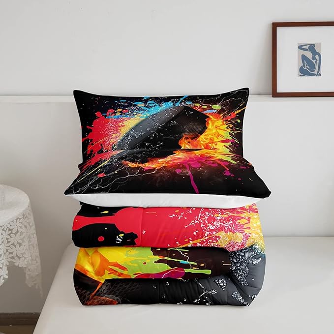 Erosebridal Hockey Bedding Set for Teen Boys Kids Winter Sports King Comforter Set Grunge Hippie Tie Dye Ball Bed Comforter Sets Red Blue Fire and Water Lightning Quilt Duvet Insert 2 Pillow Cases