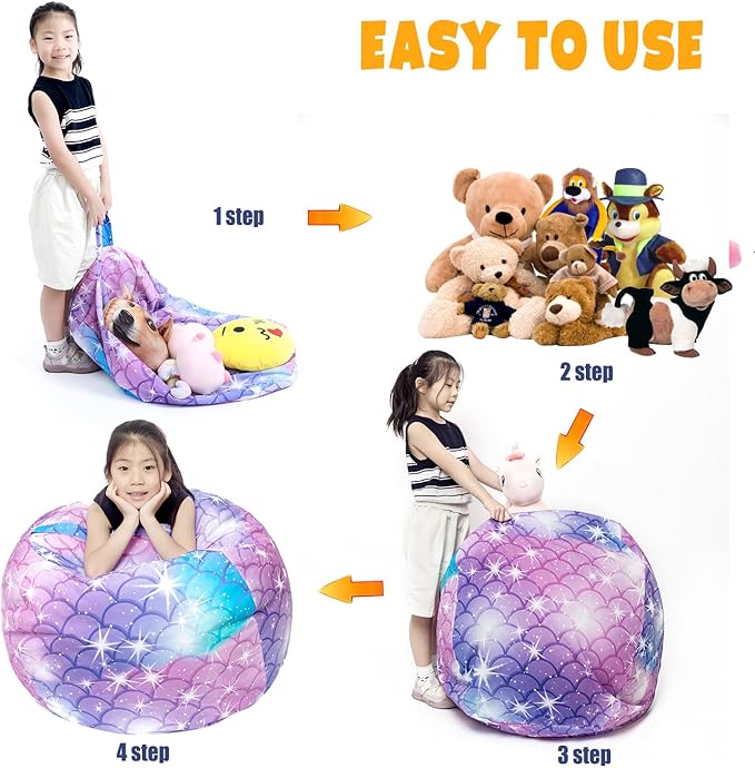 Stuffed Animal Storage Bean Bag Chair Cover, Hold Kids Plush Toys Blankets Towels Beanbag (Cover Only), Floor Circle Stuff Sit Seat Sofa with YKK Zipper, Extra Large 38", Classic Mermaid