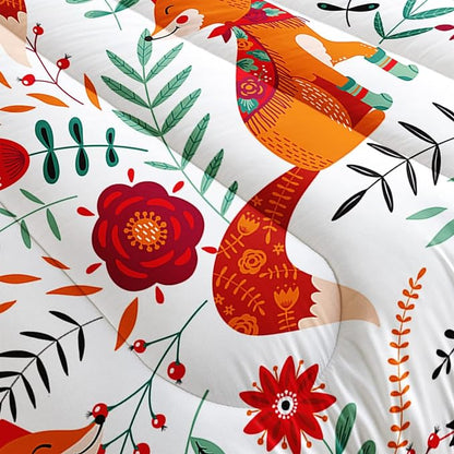 Cartoon Fox Comforter Set 3-Pieces Cute Fox Bedding Set Plants Leaves Printed Quilt Set for Kids Boys Girls with 2 Pillowcases Twin