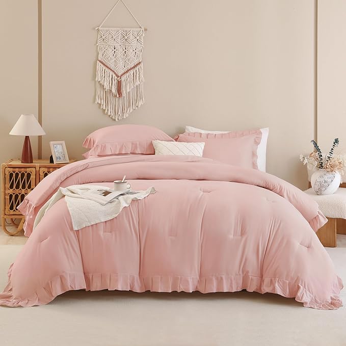 Andency Blush Pink California King Comforter Set, 3 Pieces Oversized Farmhouse Shabby Chic Bed Ruffle Comforter, Cal King Lightweight Soft Microfiber Bedding Set