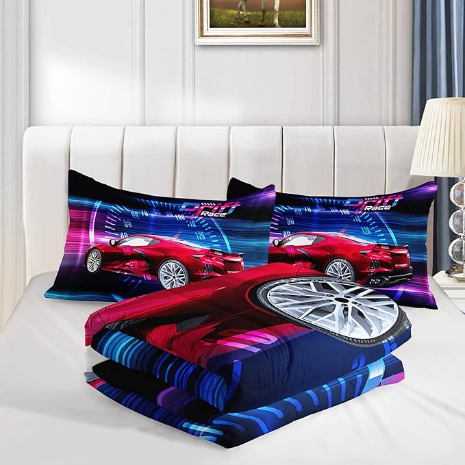 Axolotl Race Car Bedding Set Twin Size,Boys Extreme Sports Comforter Set for Kids Boys Car Racing Gifts,Red Cool Car Comforter Car Sports Quilt Set 1 Comforter Set with 2 Pillowcase Car Racing Gifts