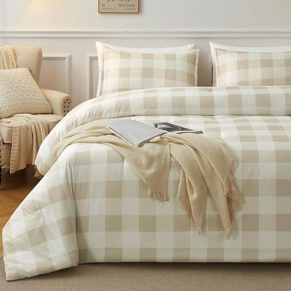 Andency Beige Grid Comforter Set Twin Size (66x90 Inch), 2 Pieces(1 Grid Comforter and 1 Pillowcase), Summer Lightweight Microfiber Down Alternative Beige Comforter for Kids Girls