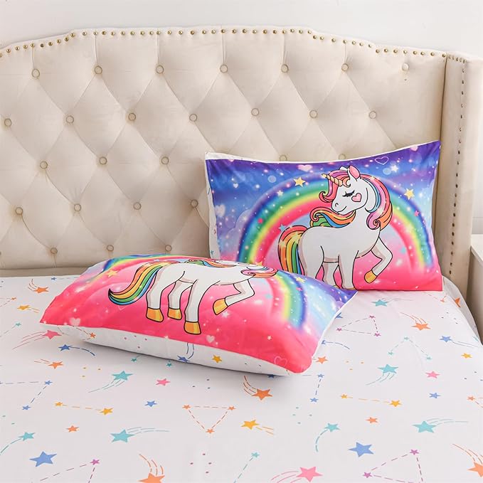 Aimuan Girls Unicorn Comforter Set 3 Pieces Pink Purple Bedding Set with Rainbow Star Galaxy Stars Fantasy Children Room Decor Soft Reversible Bed Sets for Boys/Girls/Teens (Pink-Purple Twin3Pcs)