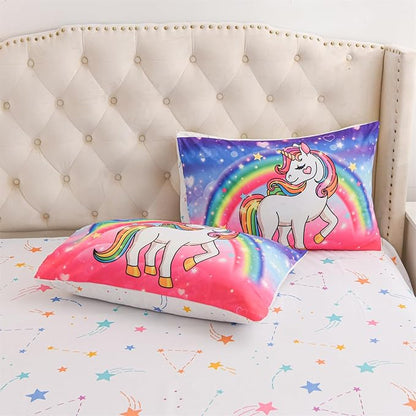 Aimuan Girls Unicorn Comforter Set 3 Pieces Pink Purple Bedding Set with Rainbow Star Galaxy Stars Fantasy Children Room Decor Soft Reversible Bed Sets for Boys/Girls/Teens (Pink-Purple Twin3Pcs)