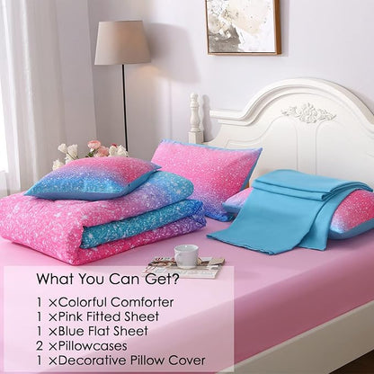 JQinHome Glitter Comforter Set Queen Size, 6 Piece Bed in A Bag 3D Colorful Duvet Pink Blue Bedding Set for Girls Women (1 Comforter,2 Pillowcases,1 Flat Sheet,1 Fitted Sheet,1 Cushion Cover)