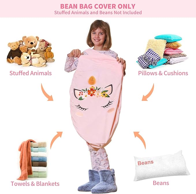 Aubliss Stuffed Animal Storage, Velvet Bean Bag Chairs Cover, X-Large 38" Ultra Soft Kids Toy Storage Organizer for Blankets Towels Clothes, Unicorn Pink Floral