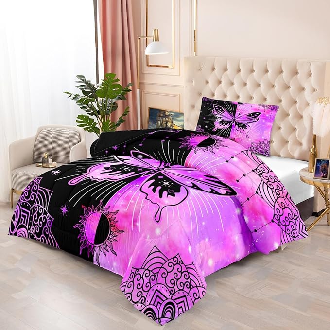 Butterfly Comforter - Butterfly Bed Set - Butterfly Comforter Set for Girls Women Bed Girls Twin Bedding Set Black Purple Butterflies with Sun and Moon Printed Quilt Sets with 1 Pillowcase