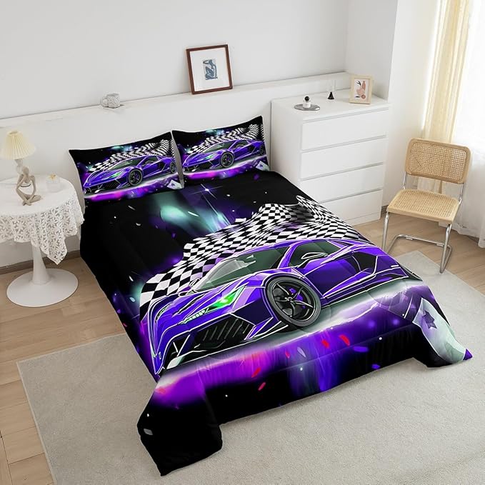 Purple Race Car Comforter Set King Size, Black White Lattice Bedding Set 2pcs for Kids Boys Teens Room Decor,Extreme Sport Games Quilt Set,Cool Modern Duvet Insert with 2 Pillowcases