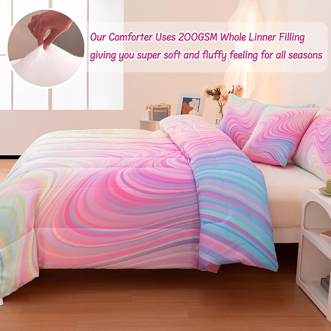 4 Pcs Pink Twin Comforter Set for Girls, Tie Dye Superior Kids Teen Bedding Sets, Blue Pink Rainbow Twin Size Bedding Set for Girls