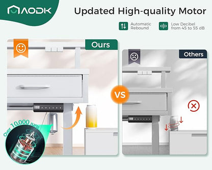 AODK 47 Inch Electric Standing Desk with 3 Drawers, White, Height Adjustable Desk with Power Outlets & LED Lights, Stand Up Desk with Monitor Shelf, Sit Stand Desk Computer Workstation