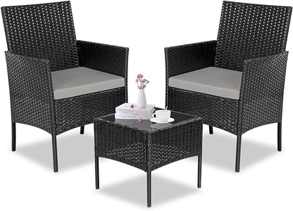 Patio Set 3 Piece Outdoor Rattan Porch Furniture with Tempered Glass Side Table & Cushion All Weather Conversation Bistro Set for Balcony,Deck,Porch (Brown/Beige)