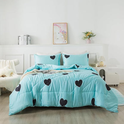 Love Pattern Girls Comforter Set King Size, Sky Blue Cute Love Heart Print Comforter Bedding Set for All Seasons, Geometric Soft Microfiber 3 Pieces Comforter Set with Pillowcases