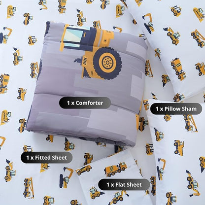 Twin Size Comforter Set for Boys, 4-Piece Bed in a Bag, 3D Construction Bedding Comforter Sheet Set, Ultra Soft and Fluffy, Cartoon Truck Cars