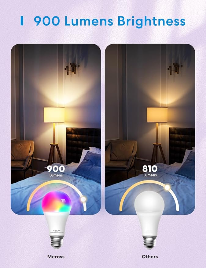 meross Smart Light Bulb, Smart WiFi LED Bulbs Compatible with Apple HomeKit, Siri, Alexa, Google Assistant and SmartThings, Dimmable E26 Multicolor 2700K-6500K RGB, 810 Lumens 60W Equivalent