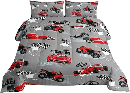 Axolotl Kid Comforter Set Full Size,Racing Car Bedding Set for Boys Girls Teen Car Racing Gifts,Race Cars Quilt Bed Set with 1 Comforter 2 Pillowcases,Red Grey