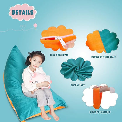 Stuffed Animal Storage Bean Bag Chair Cover, Velvet Turquoise Orange Plush Toy Storage Stuff and Sit Seat for Kids/Teens/Adults, 52" x 31" Extra Large Triangle Sofa, 200L/52Gal, Cover Only