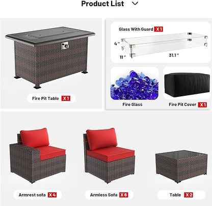 Kullavik 13 Pieces Outdoor Patio Furniture Set with 43" 55000BTU Gas Propane Fire Pit Table PE Wicker Rattan Sectional Sofa Patio Conversation Sets,Red