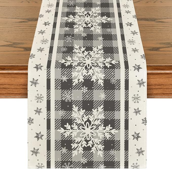 Artoid Mode Grey Buffalo Plaid Snowflakes Christmas Table Runner, Seasonal Winter Kitchen Dining Table Decoration for Home Party Decor 13x72 Inch